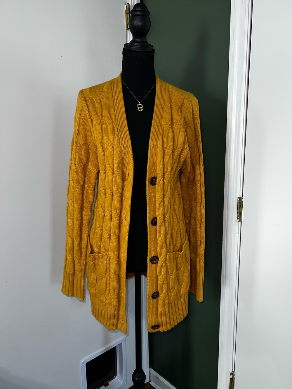 UEU Mustard Cable Knit Button-Front Cardigan